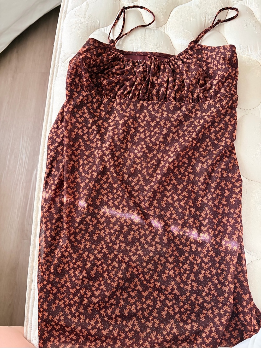 Mid Thigh Brown Floral Summer Dress with Adjustable Spaghetti Straps